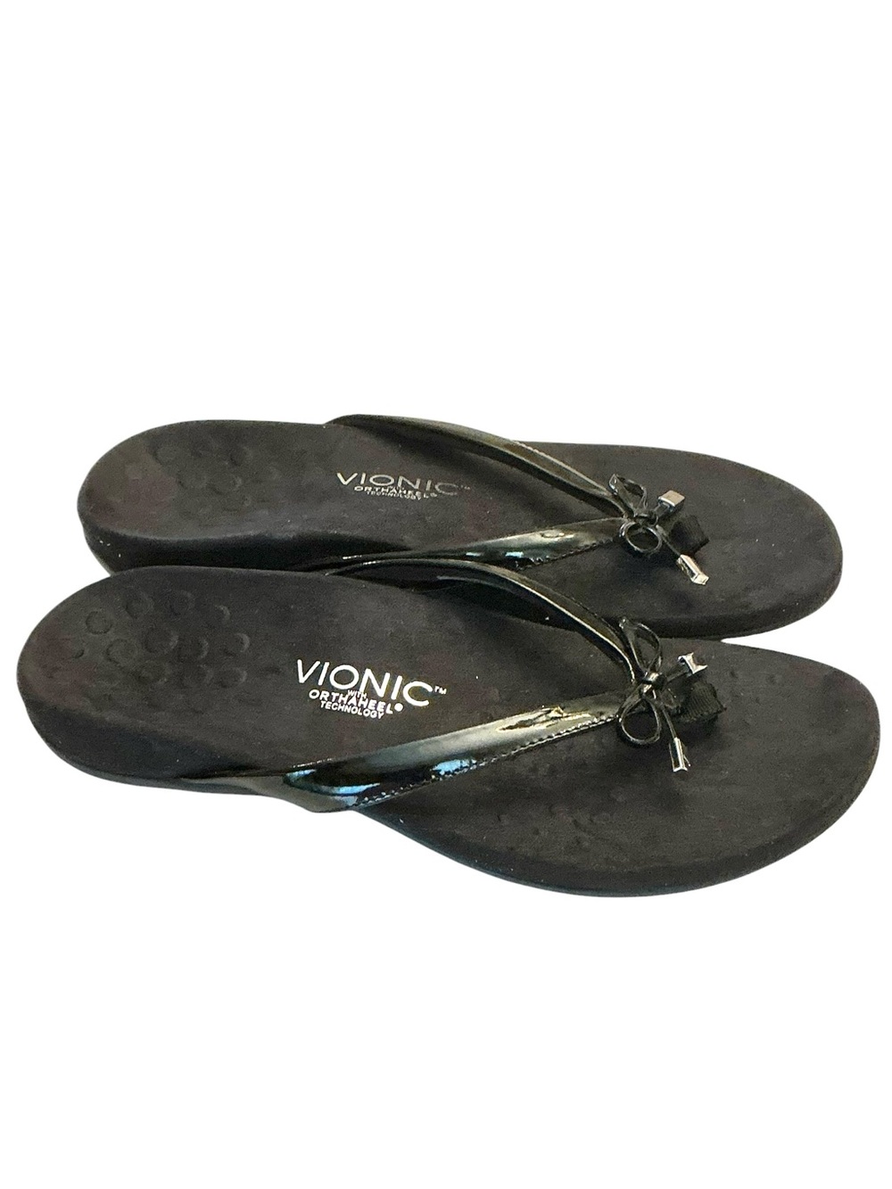 Vionic  Bella II Black Patent Bow Toe-Post Thong Slip on Ortho Sandal Sz-10 Wide - Picture 4 of 15